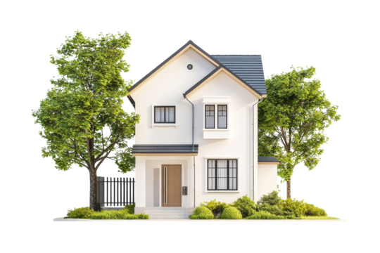 Modern White House with Green Trees and Landscaping