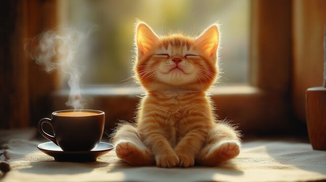 A cute ginger kitten sits on a rug and meditates, there is a cup of coffee in front of him, and with a contented expression on his face