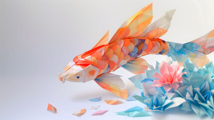 Diorama of Koi Fish Origami Eating Pellet and Swimming in a Pond
