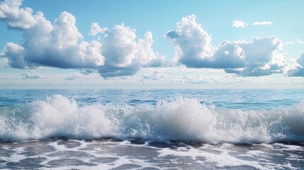 Obraz premium Powerful foamy sea waves rolling and splashing over water surface against cloudy blue sky