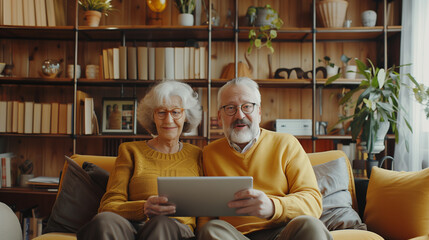 elderly couple enjoying us digital tablet surfing the social media, cozy, active senior, happy facial expression, sitting on sofa in living room, wide shot perspective