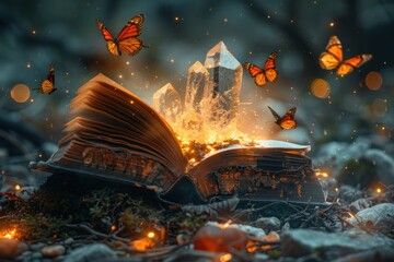 Obraz premium Enchanted Book with Crystal and Butterflies