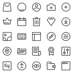 Collection of Basic Interface Element Related Vector Line Icons. Contains Icons like Shopping Bag, Crown, Diamond, Image and more. Editable stroke. 48x48 pixels