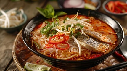 Fototapeta premium Laksa Medan. Peranakan fish noodle soup popular. Generative Ai