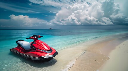 Obraz premium Red jet ski on the beach at the water edge