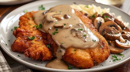 Plate of traditional schnitzel with mushroom sauce. Generative Ai