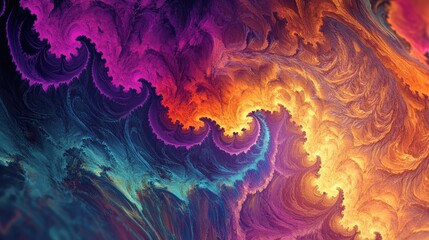 Abstract fractal pattern background with vibrant colors and intricate shapes, creating a dynamic and mesmerizing effect.