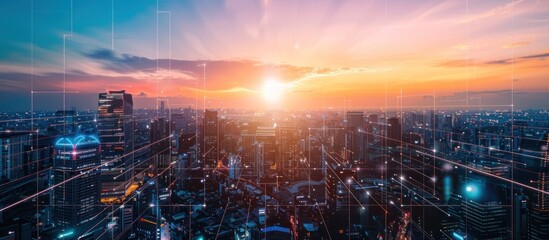 Obraz premium Cityscape with Connected Network at Sunset