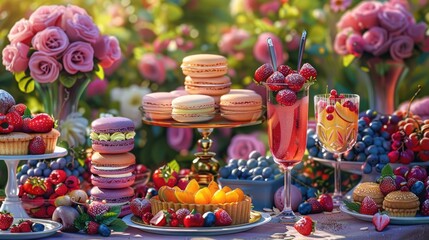 A festive table spread with a variety of colorful pastries, fruit, and floral arrangements.  Perfect for a summer celebration.