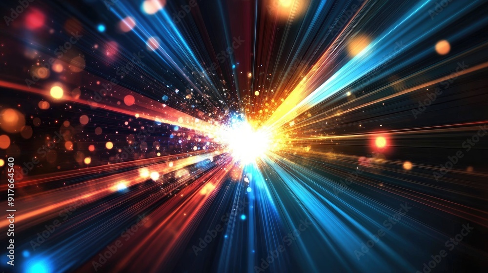 Poster abstract light burst background with rays of glowing light and particles, creating a dynamic and ene
