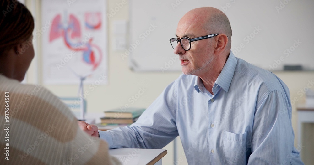 Poster man, teacher and student at desk for education, question and help with information in classroom. mal