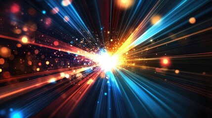 Obraz premium Abstract light burst background with rays of glowing light and particles, creating a dynamic and energetic visual.