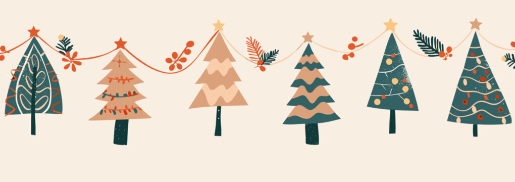 A row of six stylized Christmas trees with festive decorations including garlands and stars against a soft cream background The trees are all different with varying colors and patterns creating a whim