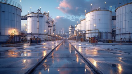 Obraz premium A wide shot of a modern industrial complex featuring large storage tanks and intricate pipework.