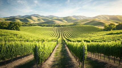 Fototapeta premium Beautiful vineyard landscape with rows of grapevines, rolling hills, and a clear sky, suitable for wine country themes