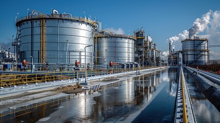 Obraz premium A wide shot of a modern industrial complex featuring large storage tanks and intricate pipework.