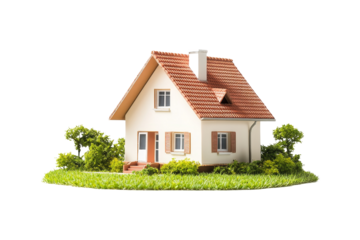 Small White House with Red Roof and Green Grass