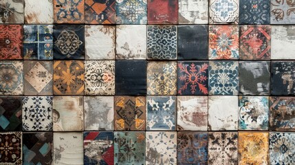 Aged patchwork tiles on stone wall background in vintage style