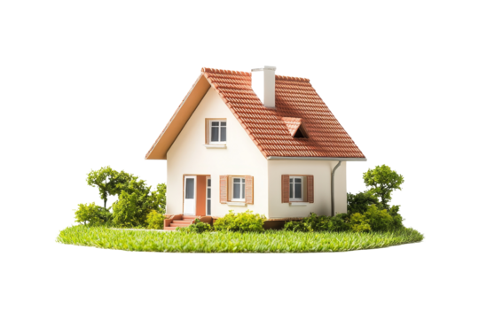 Small White House with Red Roof and Green Grass