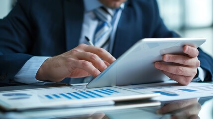 A businessperson using an iPad to review documents