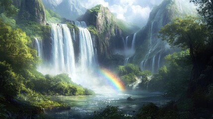 Naklejka premium Breathtaking waterfall landscape with cascading water, lush green surroundings, and a rainbow, perfect for nature themes
