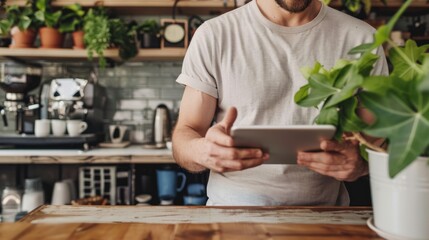 Fototapeta premium A man using an iPad at a coffee shop with minimalist background