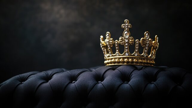 Crown placed on a cushion, representing royalty and success. Text space available.