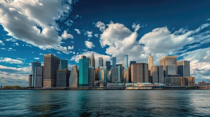 Obraz premium Skyscrapers of manhattan located near rippling water of new york bay against cloudy blue sky