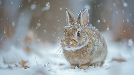 Obraz premium A fluffy brown rabbit sits in the snow, surrounded by falling snowflakes
