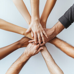 Fototapeta premium Close up of hands in pile, group team building concept with diverse people holding each other's hand together, different color nationality