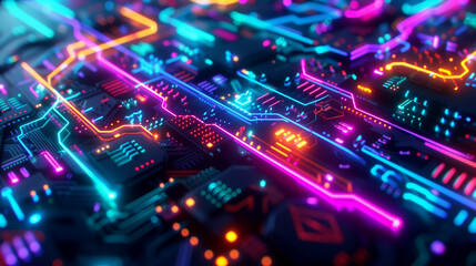 Obraz premium technology background with neon-colored technological elements like glowing wires, data streams, and futuristic symbols, futuristic tech wallpaper 