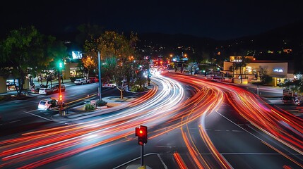 A time-lapse photo of a busy intersection with trails of light from moving vehicles