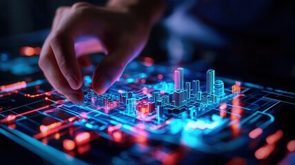Naklejka premium Holographic display showing a new city layout, urban planner testing simulations, Urban Invention, Smart City Design