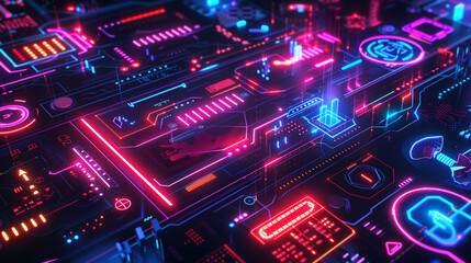 Fototapeta premium technology background with neon-colored technological elements like glowing wires, data streams, and futuristic symbols, futuristic tech wallpaper 