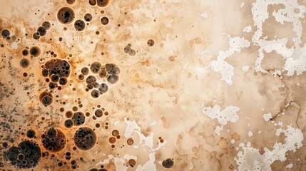 Prokaryotic bacteria forming biofilms on a surface, shown with a mix of vintage and modern scientific elements, sepia tones, mixed media.