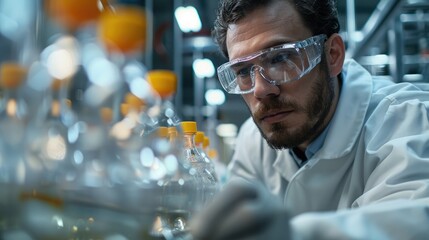 A focused scientist in a lab coat and safety glasses examines equipment in a laboratory setting.