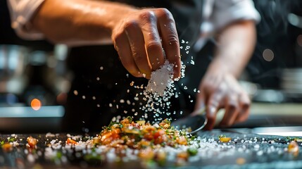 Salt is introduced by the chefs hand to a cooked dish