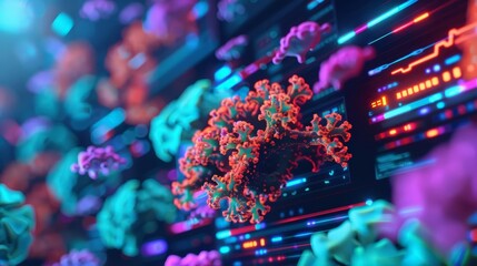 Protozoan organisms in a laboratory setting, shown with augmented reality holograms displaying genetic data, neon colors, futuristic, photo collage.