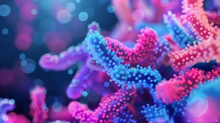 Fototapeta premium Protozoan parasites in a nutrient-rich environment, with glowing holographic connections, neon colors, futuristic, digital art.