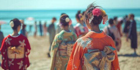 Obraz premium Traditional Japanese Kimono Attire at a Beach Gathering with Ocean View