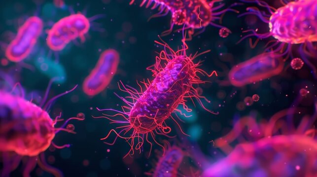 Protozoan parasites invading human cells, highlighted by neon holographic effects, dark background, sci-fi, digital illustration.