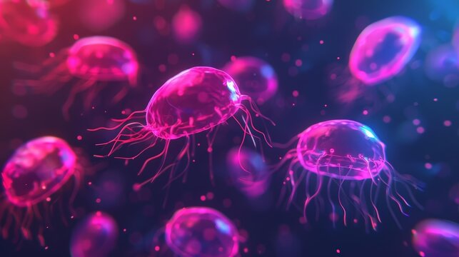 Protozoan parasites invading human cells, highlighted by neon holographic effects, dark background, sci-fi, digital illustration.