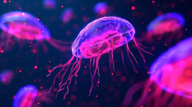 Protozoan parasites invading human cells, highlighted by neon holographic effects, dark background, sci-fi, digital illustration.