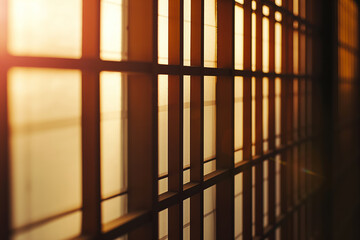 Warm Sunlight Filtering Through Wooden Window Grills in Golden Hour