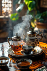 Traditional Moroccan Tea Setting with Ornate Teapots and Steaming Hot Tea
