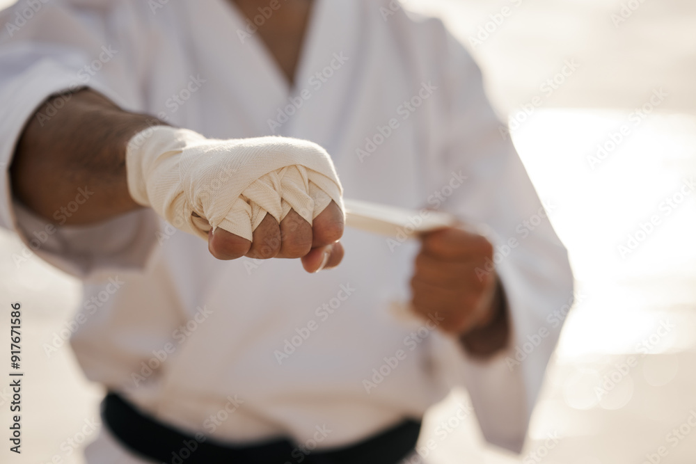 Poster Hands, fighter and bandage wrapping fist for martial arts, training or exercise to prepare for karate match. Man tying gloves, warrior and getting ready for tournament, practice or beach workout