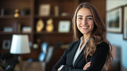 woman, lawyer, smiling, upscale law firm office background, with copy space