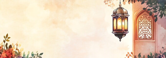 Obraz premium Eid Mubarak and Ramadan Kareem greetings with an Islam crescent, lantern, mosque water color banner concept 