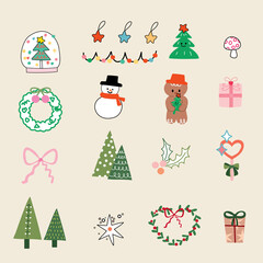 set of christmas icons, Cute sticker, christmas greeting card, tree with gifts, flowers in pots, Christmas and cute bunny, element Christmas animal, draw vector cute bunny in garden, cute Tattoo