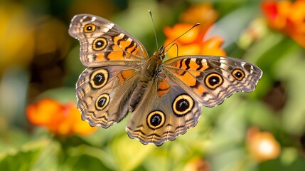 A striking common buckeye butterfly with bold, brown and orange wings, flying in a vibrant garden